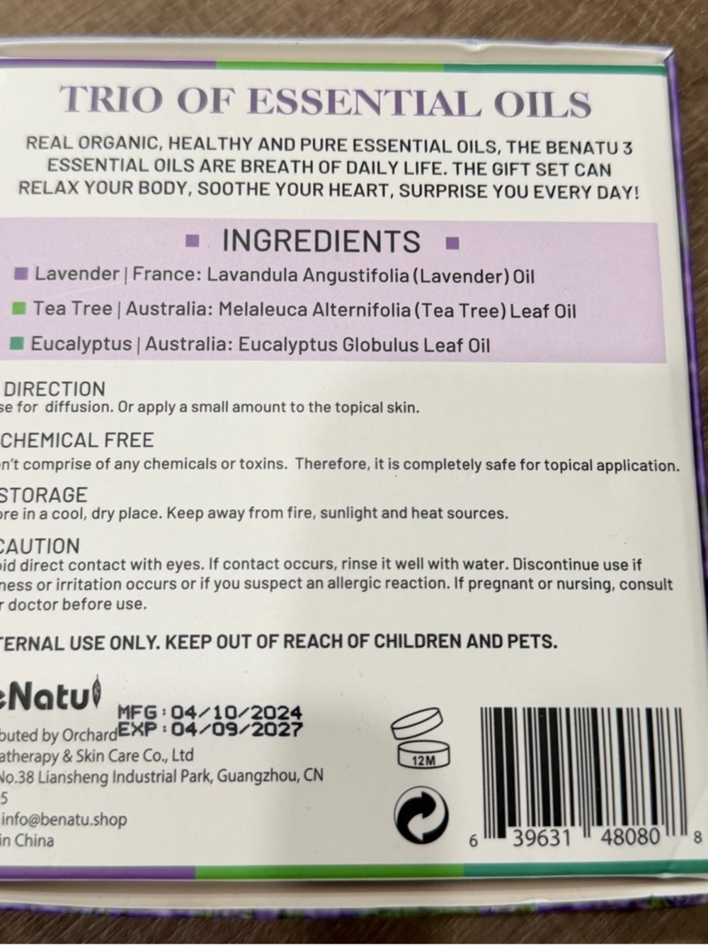 Benatu Essential 0.34 Fl Oz Pack of 3 Purple-eucalyptus/Lavender/Tea Tree - Picture 3 of 5